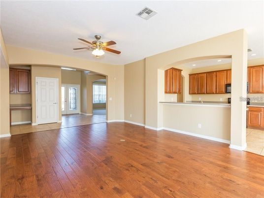 Empty room, Interior, Kitchen, Recessed Lighting, Wood Texture Flooring