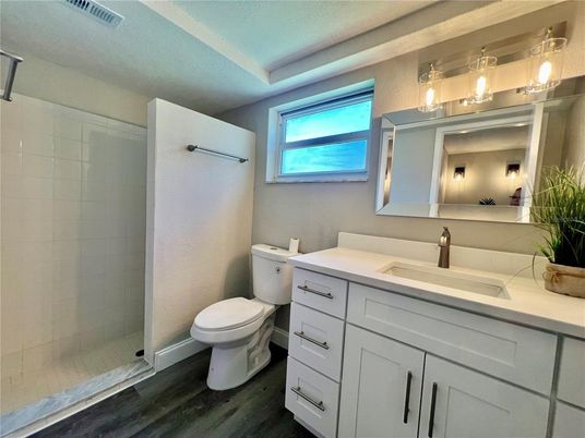 Bathroom, Glass Shower, Interior, Wood Texture Flooring