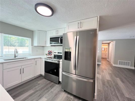 Interior, Kitchen, Stainless Steel Appliances, Wood Texture Flooring