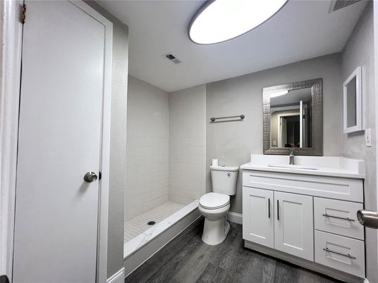 Bathroom, Glass Shower, Interior, Wood Texture Flooring