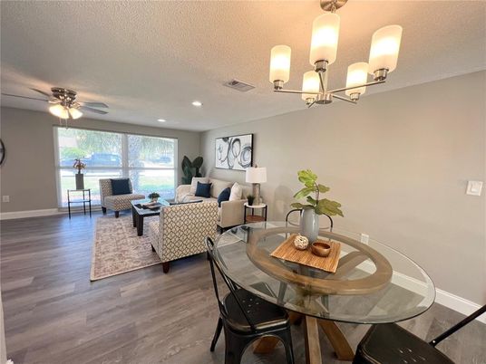Chandelier, Dining room, Interior, Living room, Recessed Lighting, Wood Texture Flooring