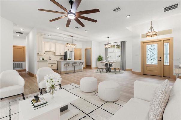 Chandelier, Dining room, Interior, Kitchen, Living room, Pendant Lights, Recessed Lighting, Stainless Steel Appliances, Wood Texture Flooring