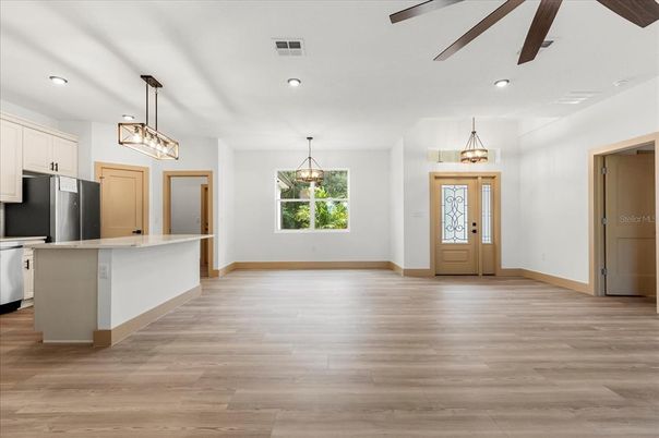 Interior, Kitchen, Pendant Lights, Recessed Lighting, Wood Texture Flooring