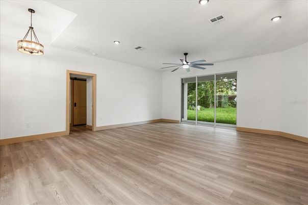 Empty room, Interior, Pendant Lights, Recessed Lighting, Wood Texture Flooring