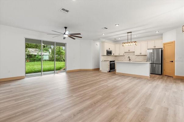 Interior, Kitchen, Pendant Lights, Recessed Lighting, Stainless Steel Appliances, Wood Texture Flooring