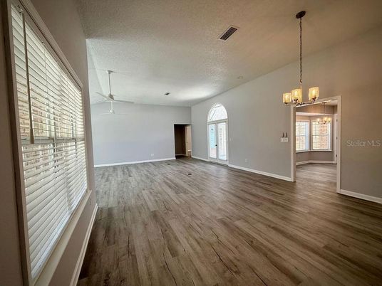 Chandelier, Empty room, Interior, Pendant Lights, Wood Texture Flooring