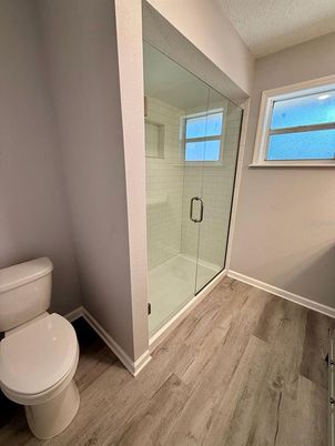 Bathroom, Glass Shower, Interior, Wood Texture Flooring