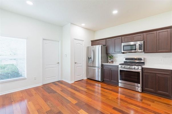 Interior, Kitchen, Recessed Lighting, Stainless Steel Appliances, Wood Texture Flooring