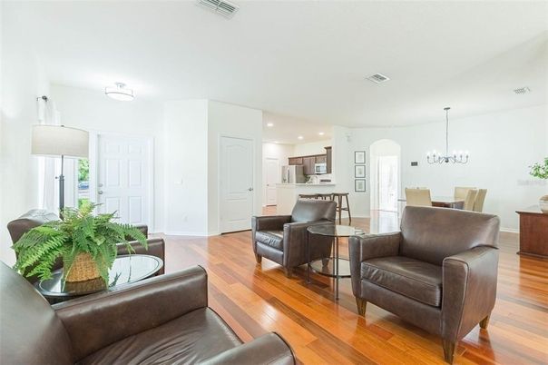 Chandelier, Dining room, Interior, Kitchen, Living room, Pendant Lights, Recessed Lighting, Wood Texture Flooring