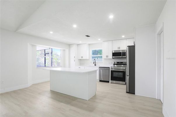Interior, Kitchen, Recessed Lighting, Stainless Steel Appliances, Wood Texture Flooring