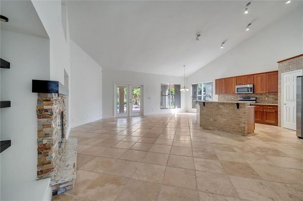 Fireplace, Interior, Kitchen, Pendant Lights, Stainless Steel Appliances