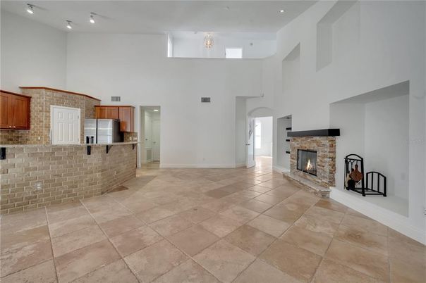 Fireplace, Interior, Kitchen, Recessed Lighting, Stainless Steel Appliances