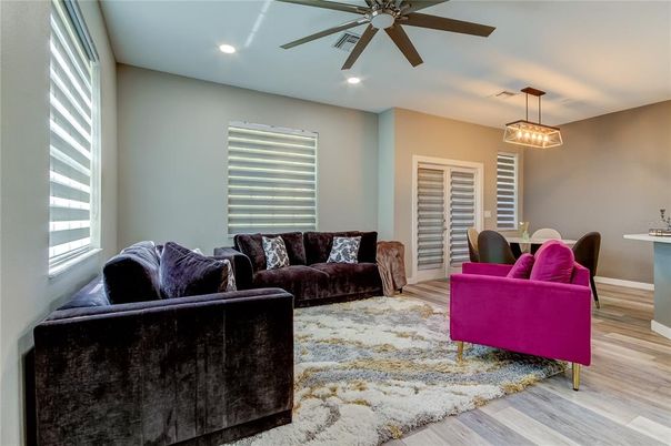 Dining room, Interior, Living room, Recessed Lighting, Wood Texture Flooring