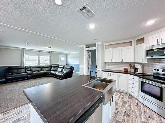 Interior, Kitchen, Living room, Recessed Lighting, Stainless Steel Appliances, Wood Texture Flooring