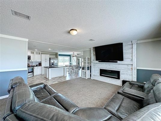 Fireplace, Interior, Kitchen, Living room, Recessed Lighting