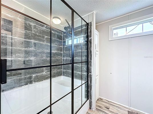 Bathroom, Glass Shower, Interior, Wood Texture Flooring
