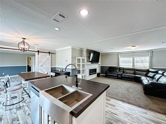 Fireplace, Interior, Kitchen, Living room, Pendant Lights, Recessed Lighting, Wood Texture Flooring