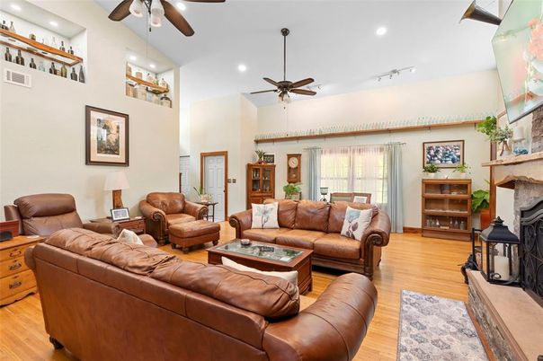 Fireplace, Interior, Living room, Recessed Lighting, Wood Texture Flooring
