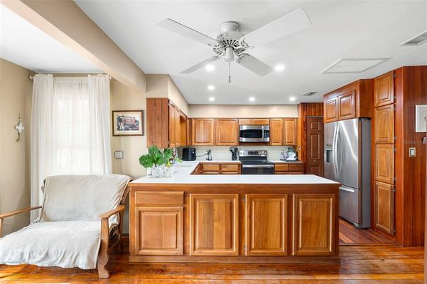 Interior, Kitchen, Recessed Lighting, Stainless Steel Appliances, Wood Texture Flooring