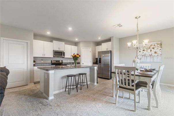 Chandelier, Dining room, Interior, Kitchen, Recessed Lighting, Stainless Steel Appliances