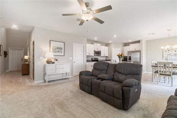 Chandelier, Dining room, Interior, Kitchen, Living room, Recessed Lighting, Stainless Steel Appliances