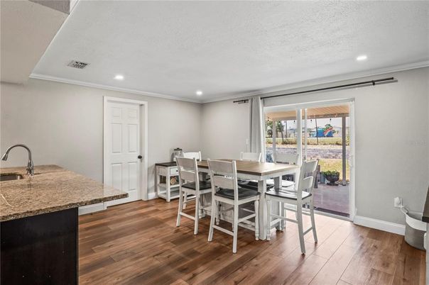Dining room, Interior, Recessed Lighting, Wood Texture Flooring