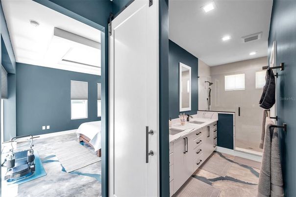 Bathroom, Dual Sink Vanities, Glass Shower, Interior, Recessed Lighting