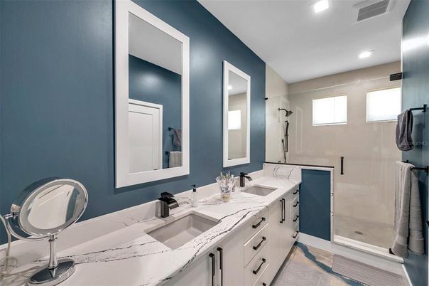 Bathroom, Dual Sink Vanities, Glass Shower, Interior, Recessed Lighting