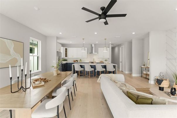 Dining room, Interior, Kitchen, Living room, Pendant Lights, Recessed Lighting, Stainless Steel Appliances, Wood Texture Flooring