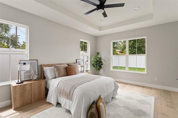 Bedroom, Interior, Recessed Lighting, Wood Texture Flooring