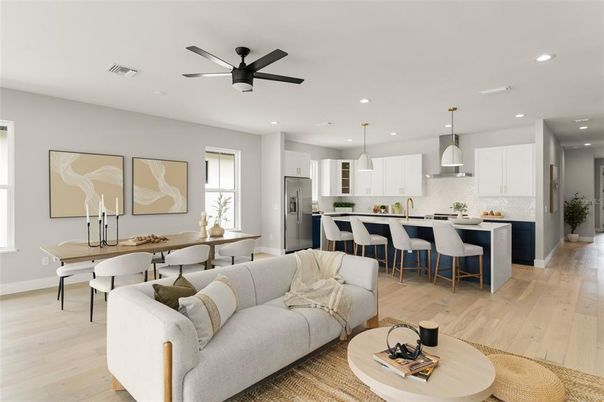 Dining room, Interior, Kitchen, Living room, Pendant Lights, Recessed Lighting, Stainless Steel Appliances, Wood Texture Flooring