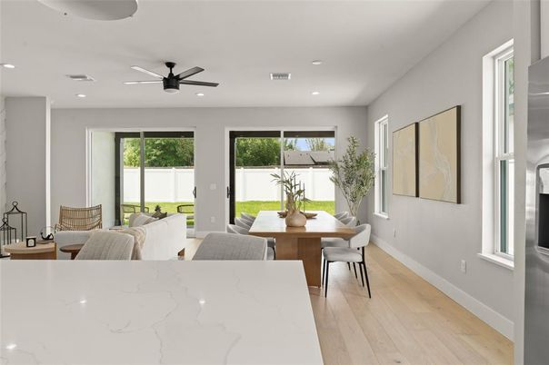 Dining room, Interior, Recessed Lighting, Wood Texture Flooring