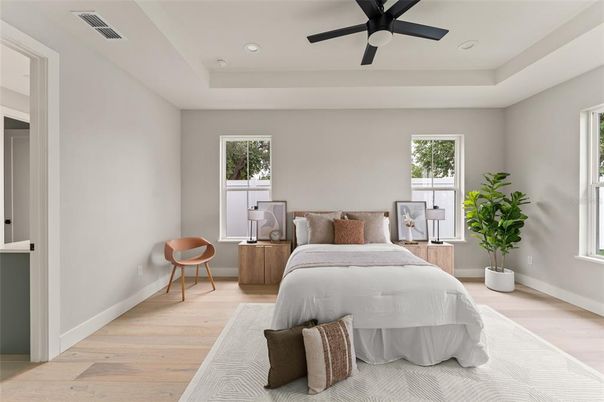 Bedroom, Interior, Recessed Lighting, Wood Texture Flooring