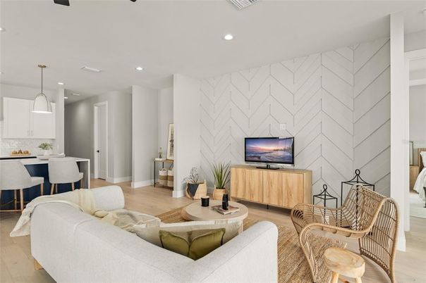 Dining room, Interior, Living room, Pendant Lights, Recessed Lighting, Stone Walls, Wood Texture Flooring