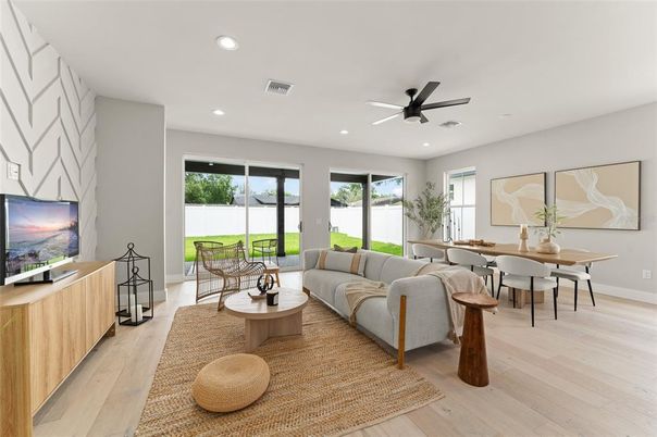 Dining room, Interior, Living room, Recessed Lighting, Wood Texture Flooring