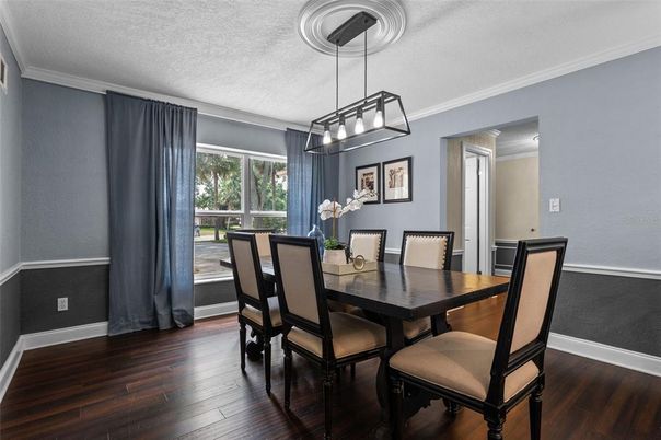 Dining room, Interior, Pendant Lights, Wood Texture Flooring