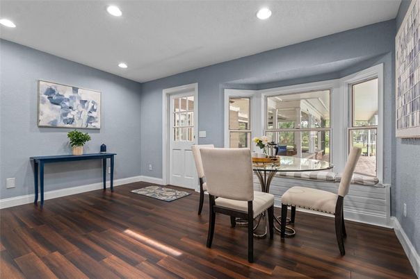 Dining room, Interior, Recessed Lighting, Wood Texture Flooring