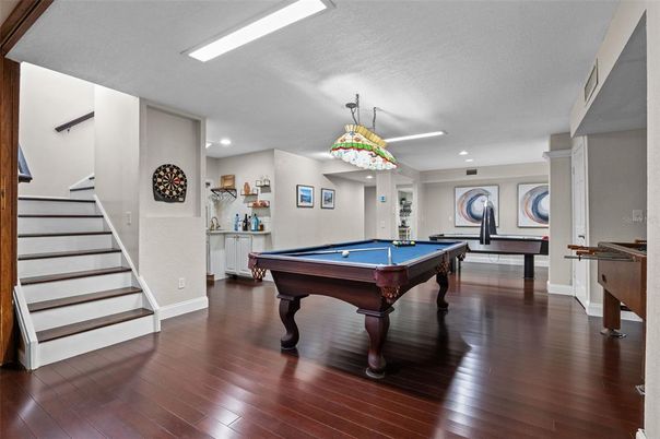 Billiard Table, Game Room, Interior, Recessed Lighting, Wood Texture Flooring