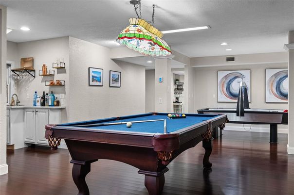 Billiard Table, Game Room, Interior, Pendant Lights, Recessed Lighting, Wood Texture Flooring