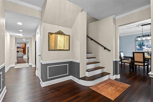 Dining room, Interior, Pendant Lights, Recessed Lighting, Wood Texture Flooring