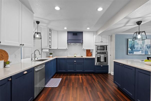 Interior, Kitchen, Pendant Lights, Recessed Lighting, Stainless Steel Appliances, Wood Texture Flooring