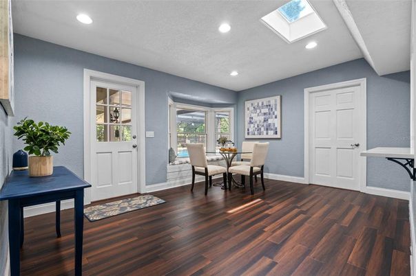Dining room, Interior, Recessed Lighting, Wood Texture Flooring