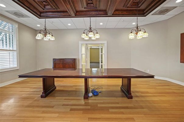 Chandelier, Home Office, Interior, Pendant Lights, Recessed Lighting, Wood Texture Flooring
