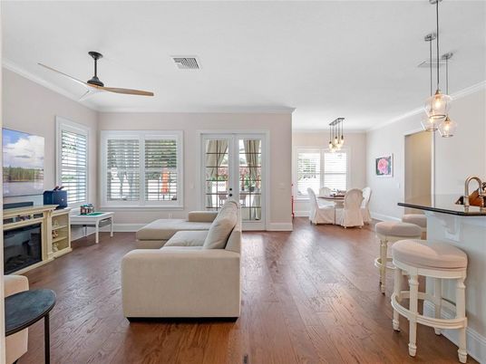 Dining room, Interior, Living room, Pendant Lights, Wood Texture Flooring