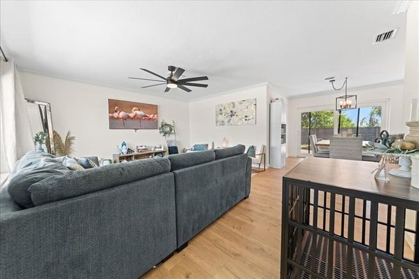 Dining room, Interior, Living room, Pendant Lights, Wood Texture Flooring