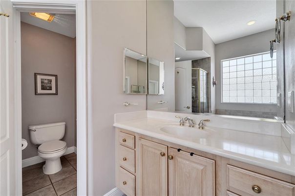 Bathroom, Glass Shower, Interior, Recessed Lighting, Tile Countertops