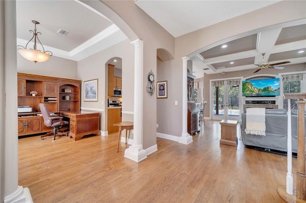 Fireplace, Home Office, Interior, Kitchen, Living room, Pendant Lights, Recessed Lighting, Wood Texture Flooring