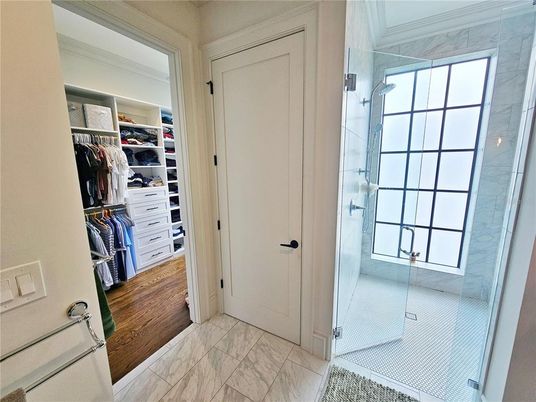 Bathroom, Glass Shower, Interior, Marble, Walk-in Closets, Wood Texture Flooring