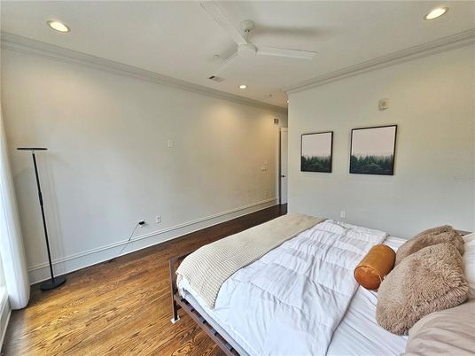 Bedroom, Interior, Recessed Lighting, Wood Texture Flooring