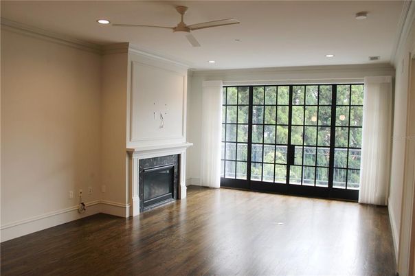 Empty room, Fireplace, Interior, Recessed Lighting, Wood Texture Flooring